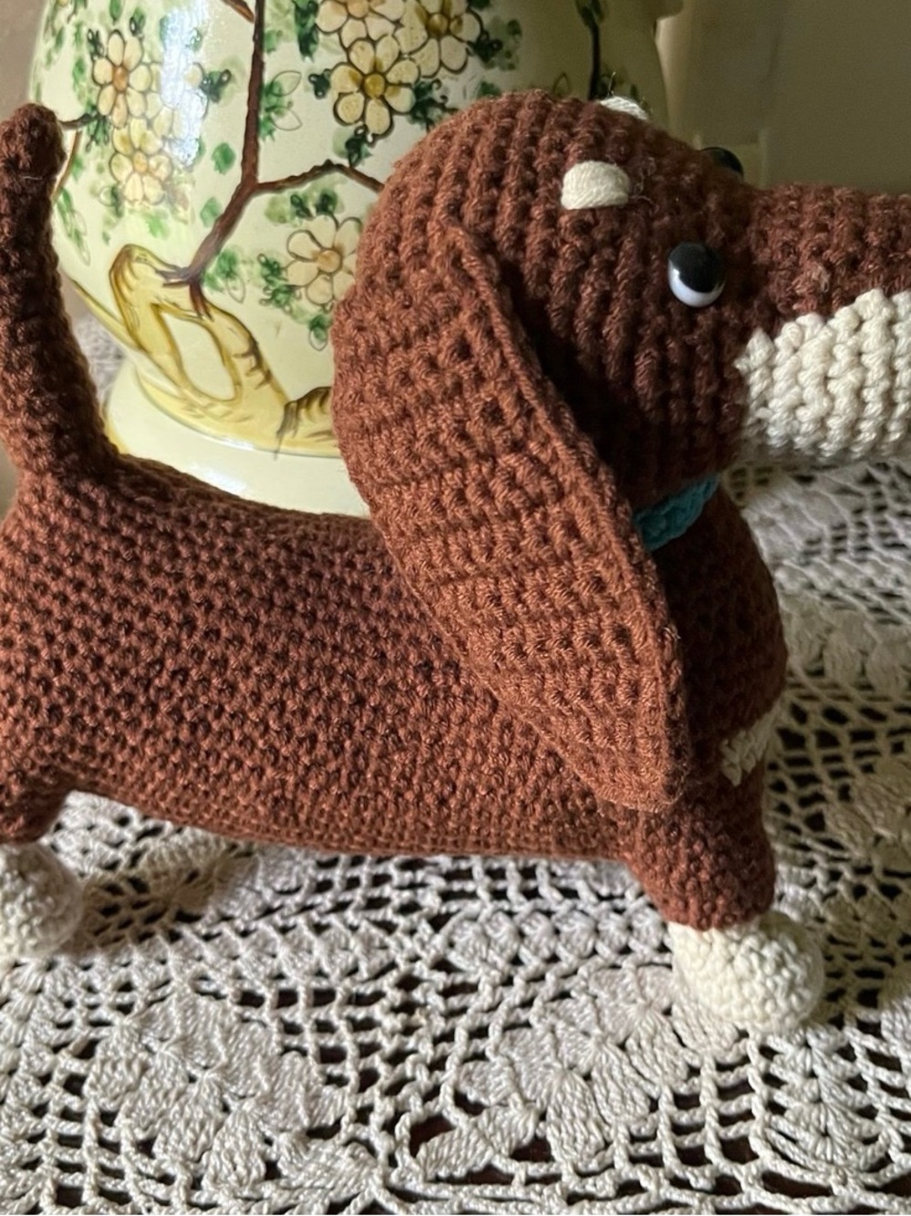 Handmade Brown Crochet Dachshund Plush Toy with Cream Accents NWOT